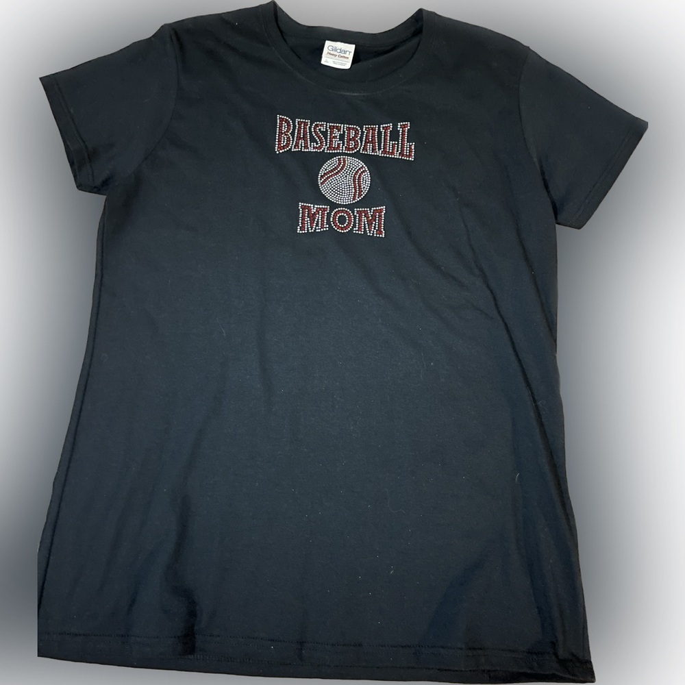 Gildan Baseball Mom Rhinestone Embellished  Black T-Shirt Women’s Size Large